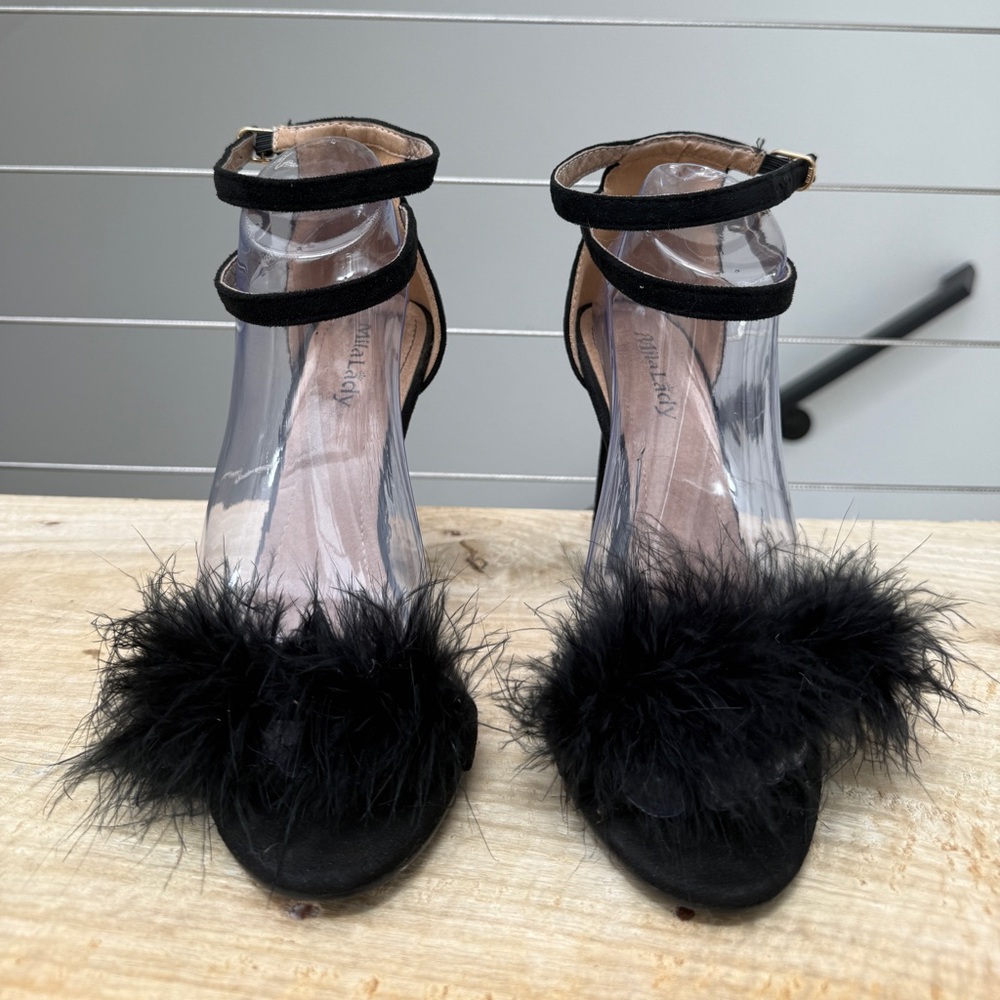 Mila Lady Eileen18 Feather Stiletto Heels Black Ankle Strap Sexy Party | Size 9 - Picture 7 of 10
